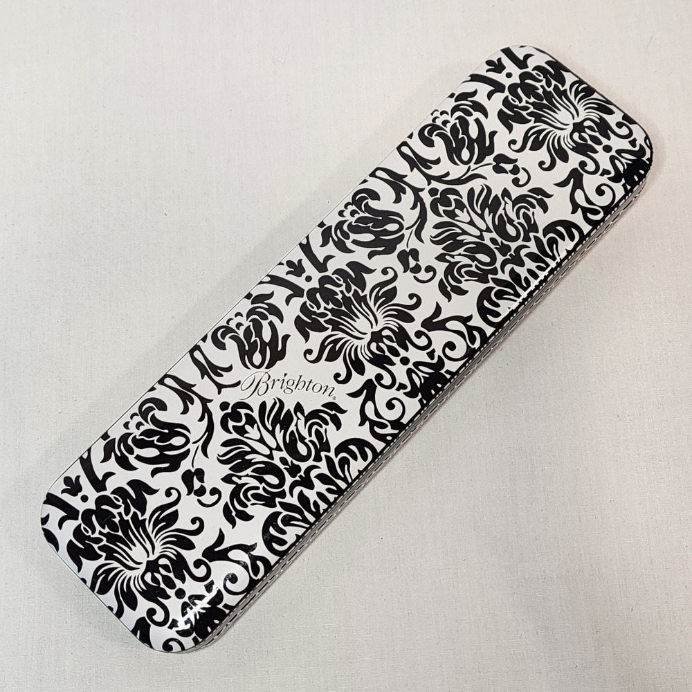 Brighton Black White Damask Metal Storage Tin Watch Jewelry Box‎ Organizer 9"x3"